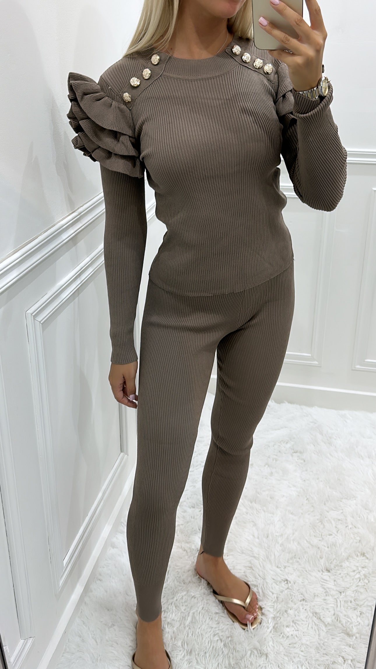 Mocha Longsleeve Frill Shoulder Co Ord