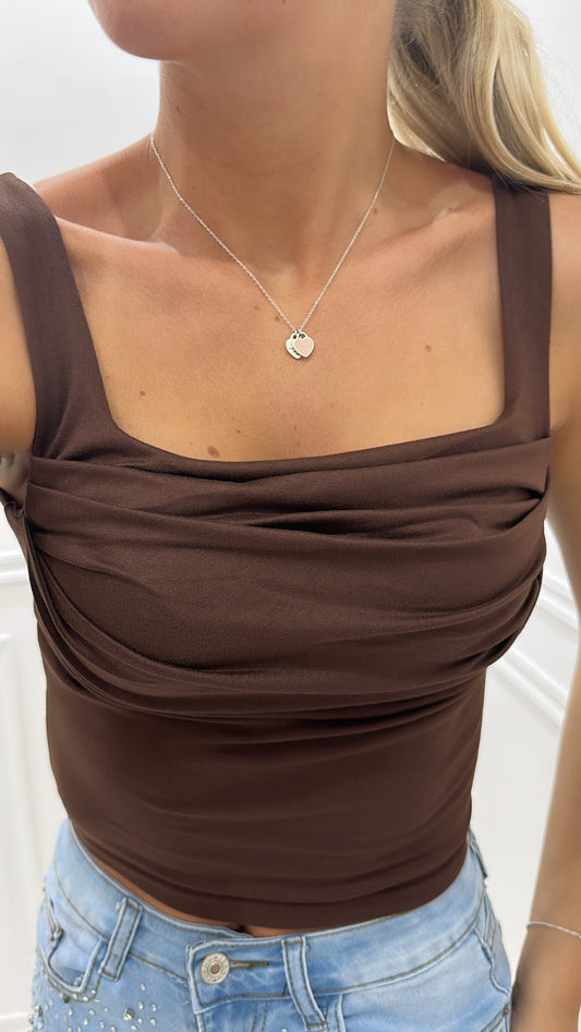 Brown Ruched Square Neck Top