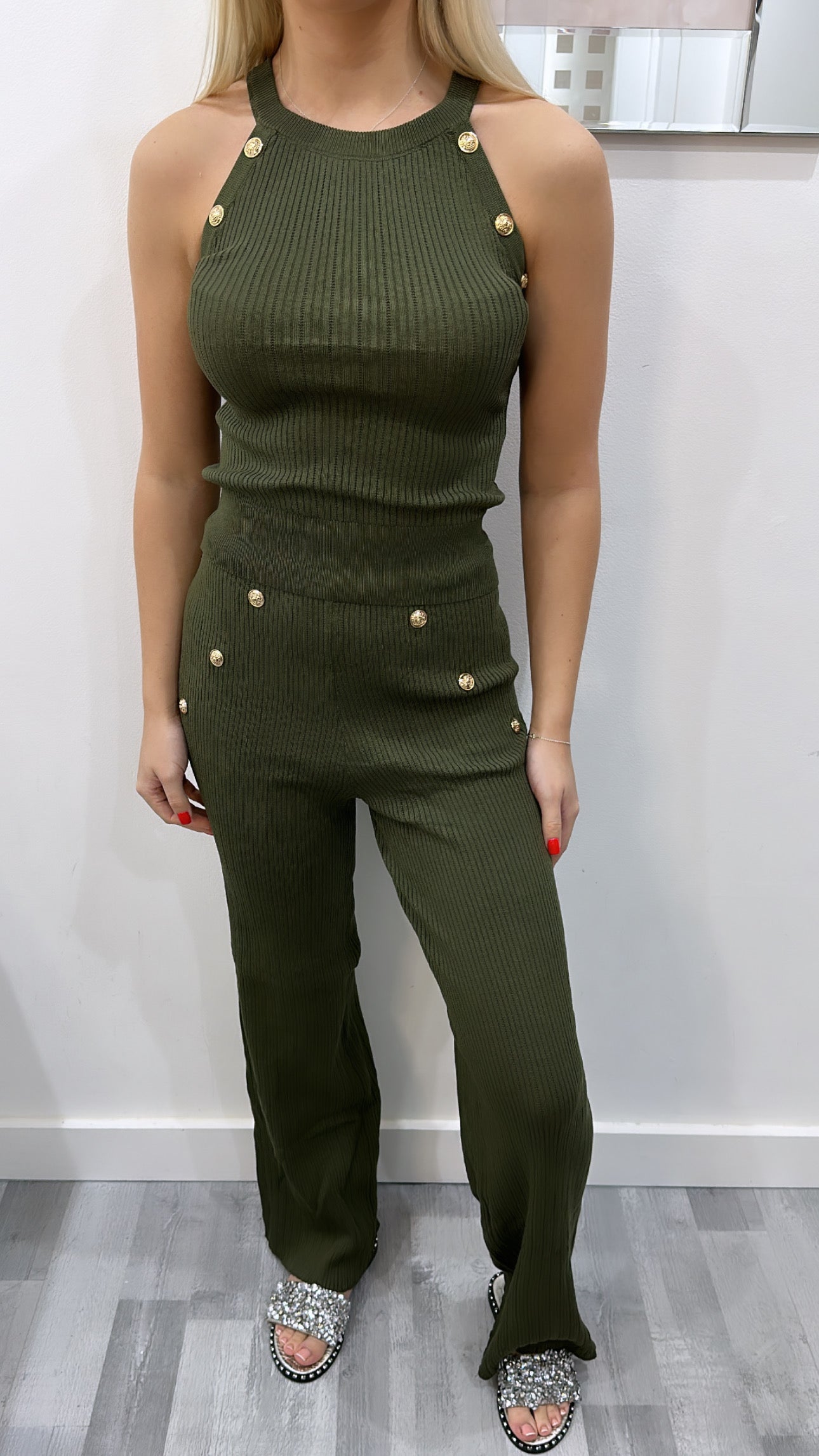 Khaki Gold Button Trouser Co Ord