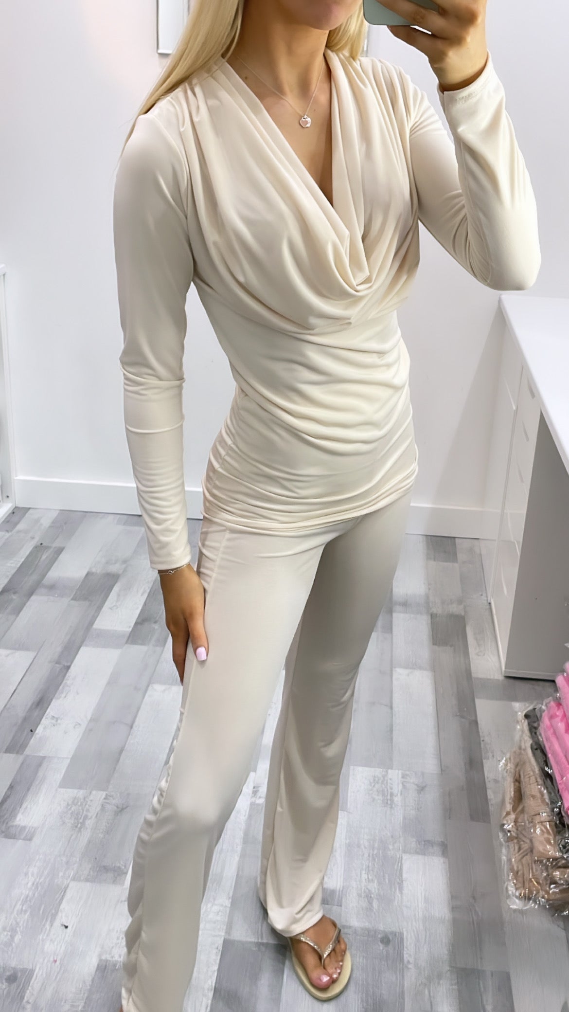 Beige Cowl Neck Co Ord