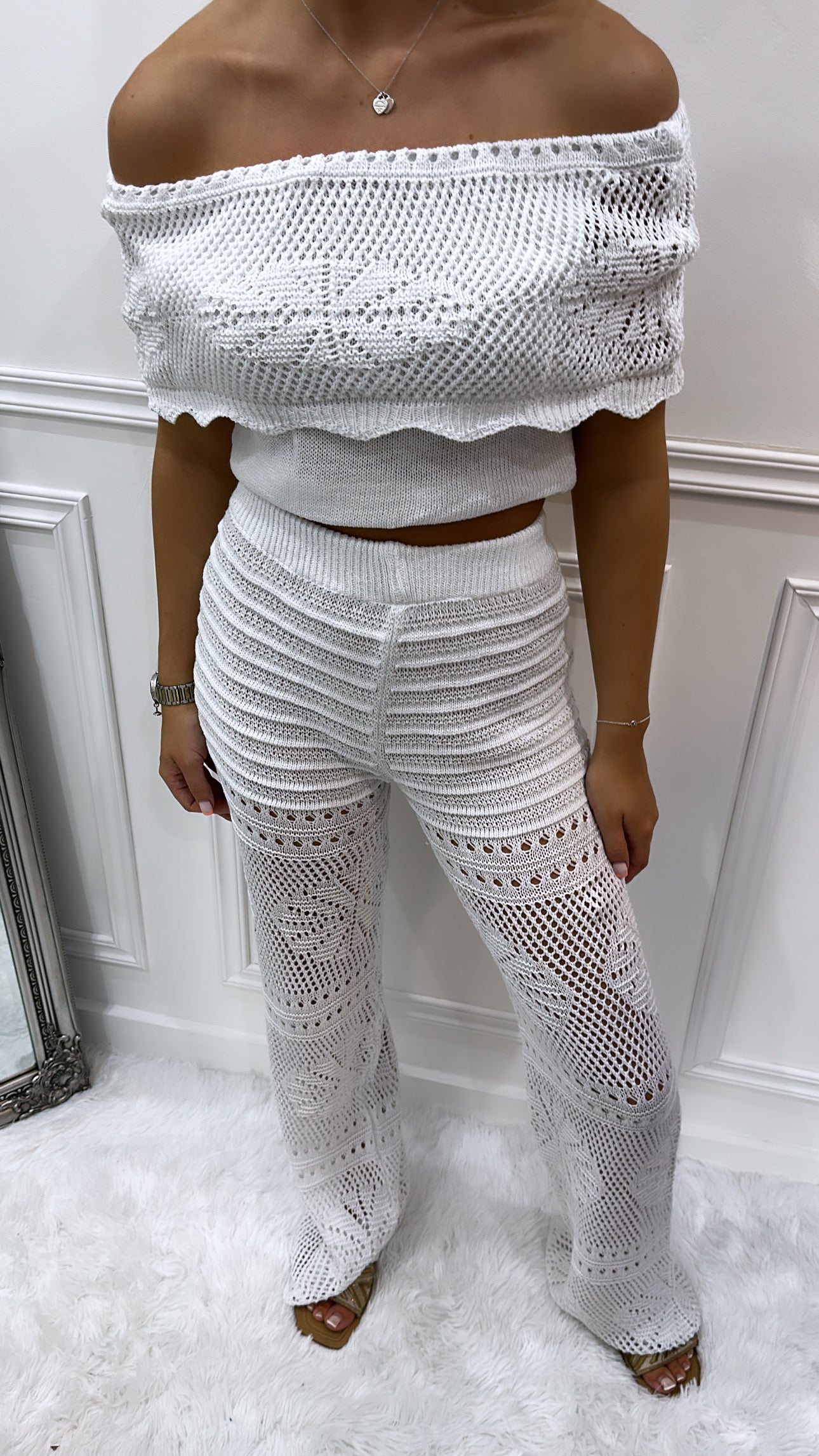 White Crochet Trouser Set