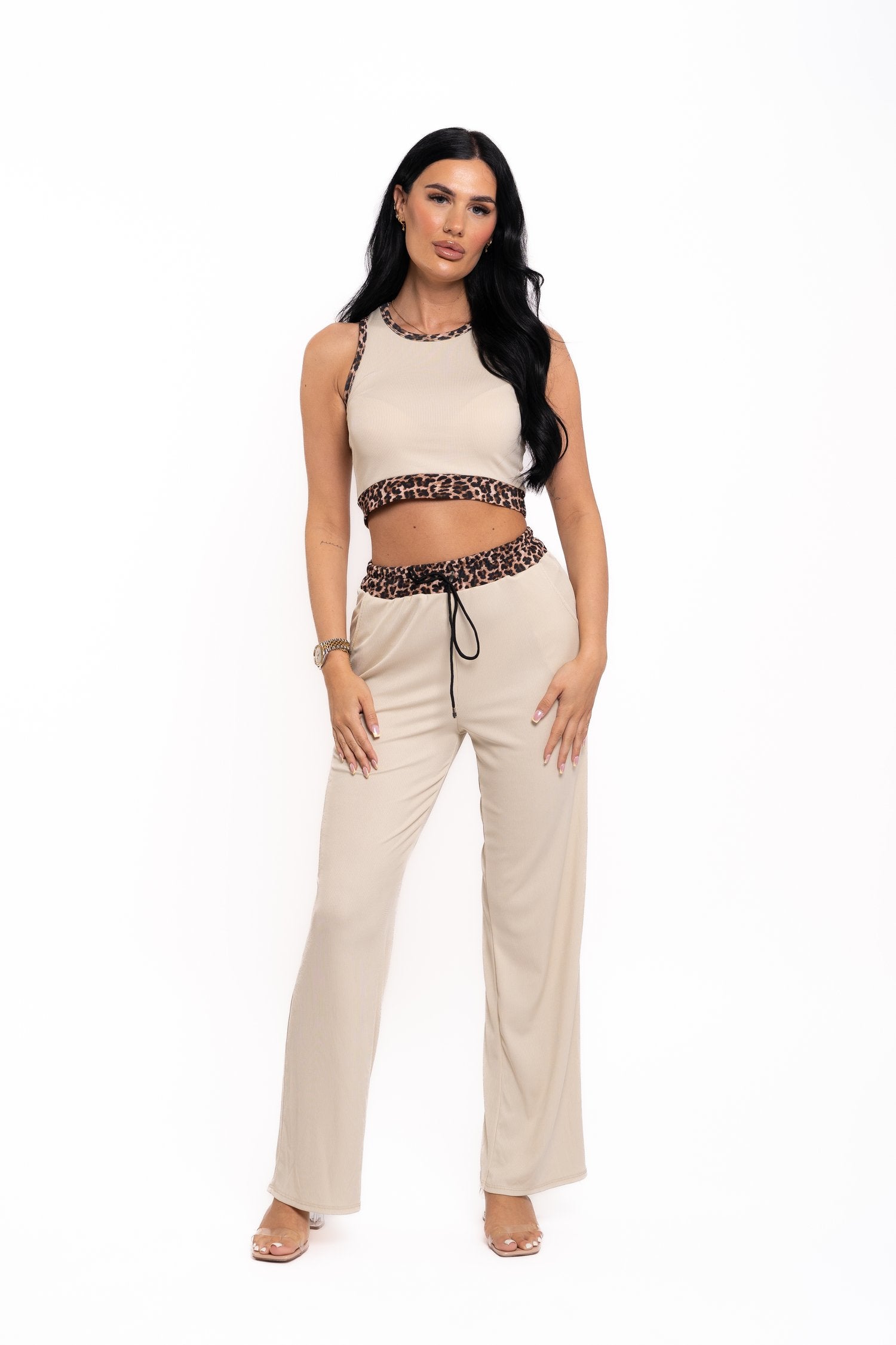 Leopard Print Contrast Co Ord Beige