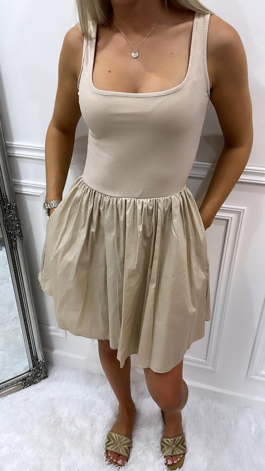 Beige Puff Mini Dress