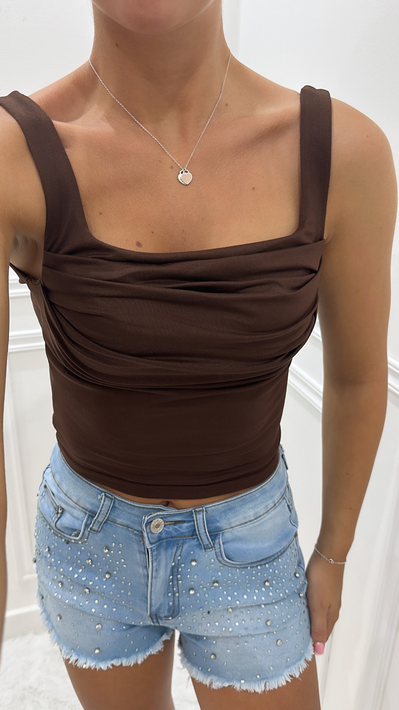 Brown Ruched Square Neck Top