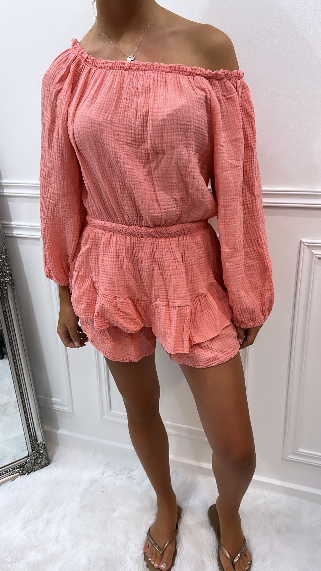 Coral Longsleeve Cheesecloth Playsuit