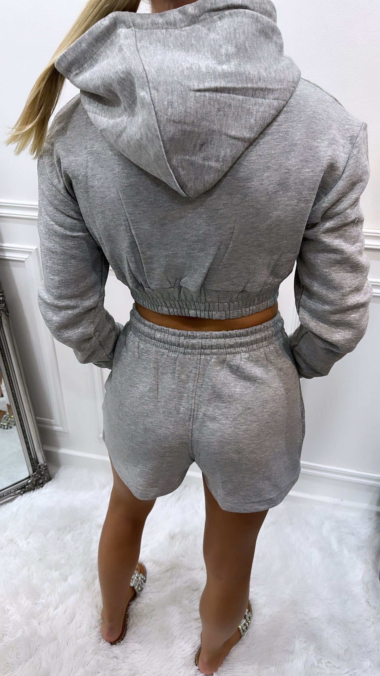 Grey Cropped Zip Hoodie & Shorts Co Ord