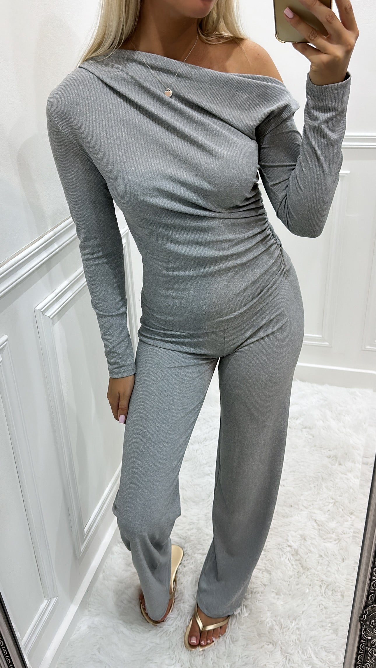 Grey Ribbed Off The Shoulder Co Ord