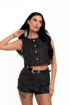 Textured Gold Button Top Black