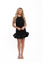 Backless Puff Hem Dress Black