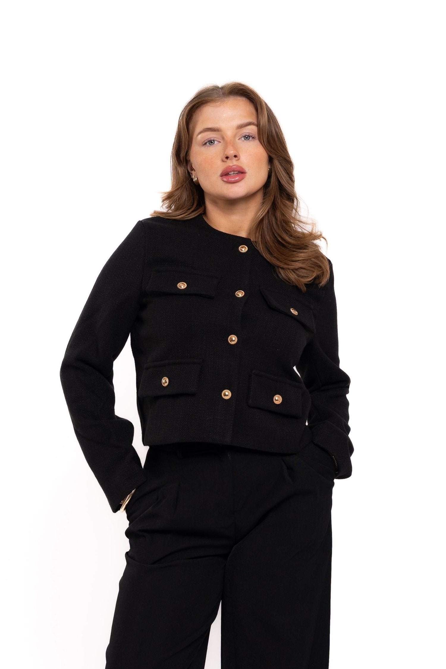 Premium Gold Button Blazer Black