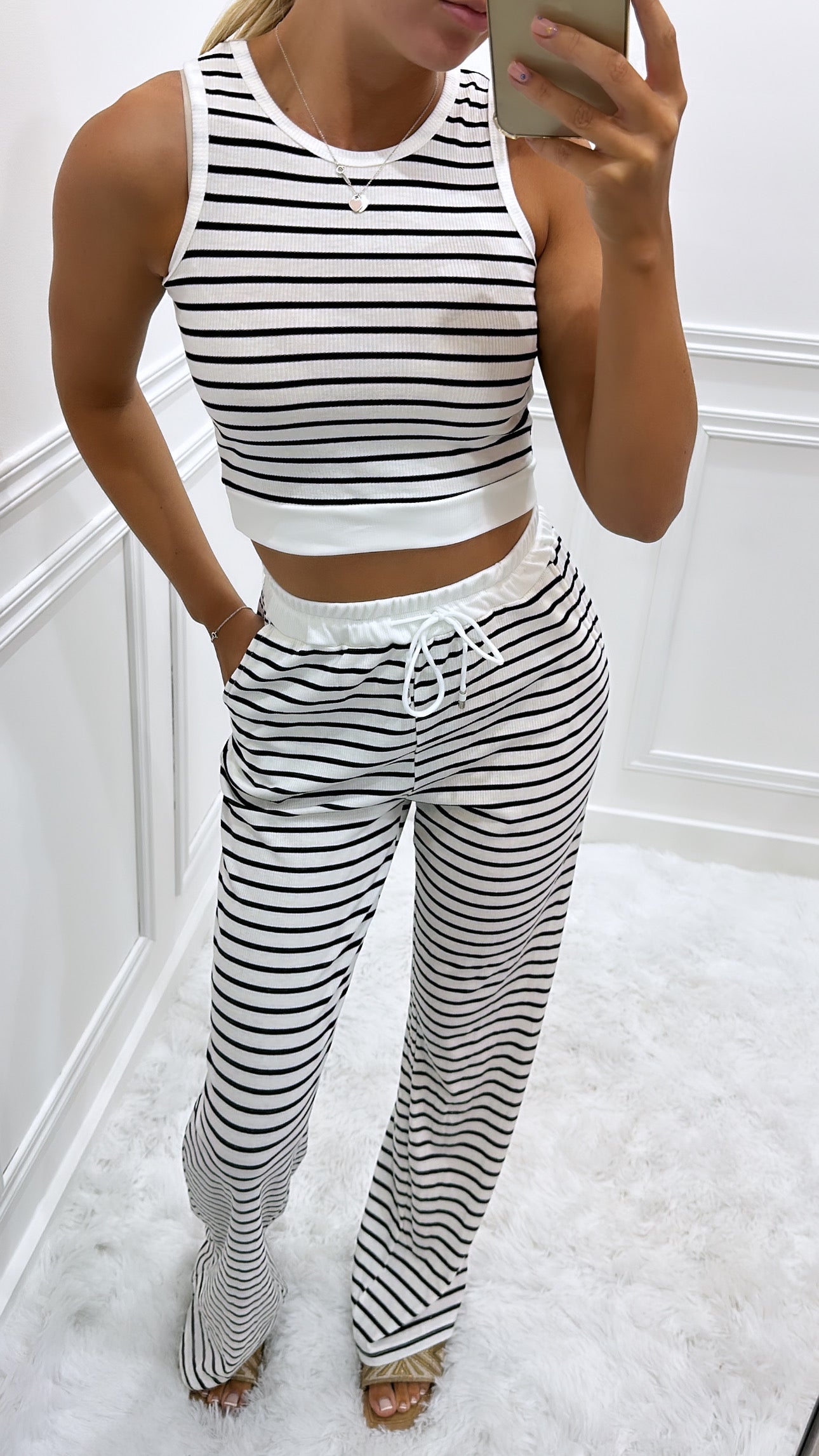 White Striped Trouser Lounge Set