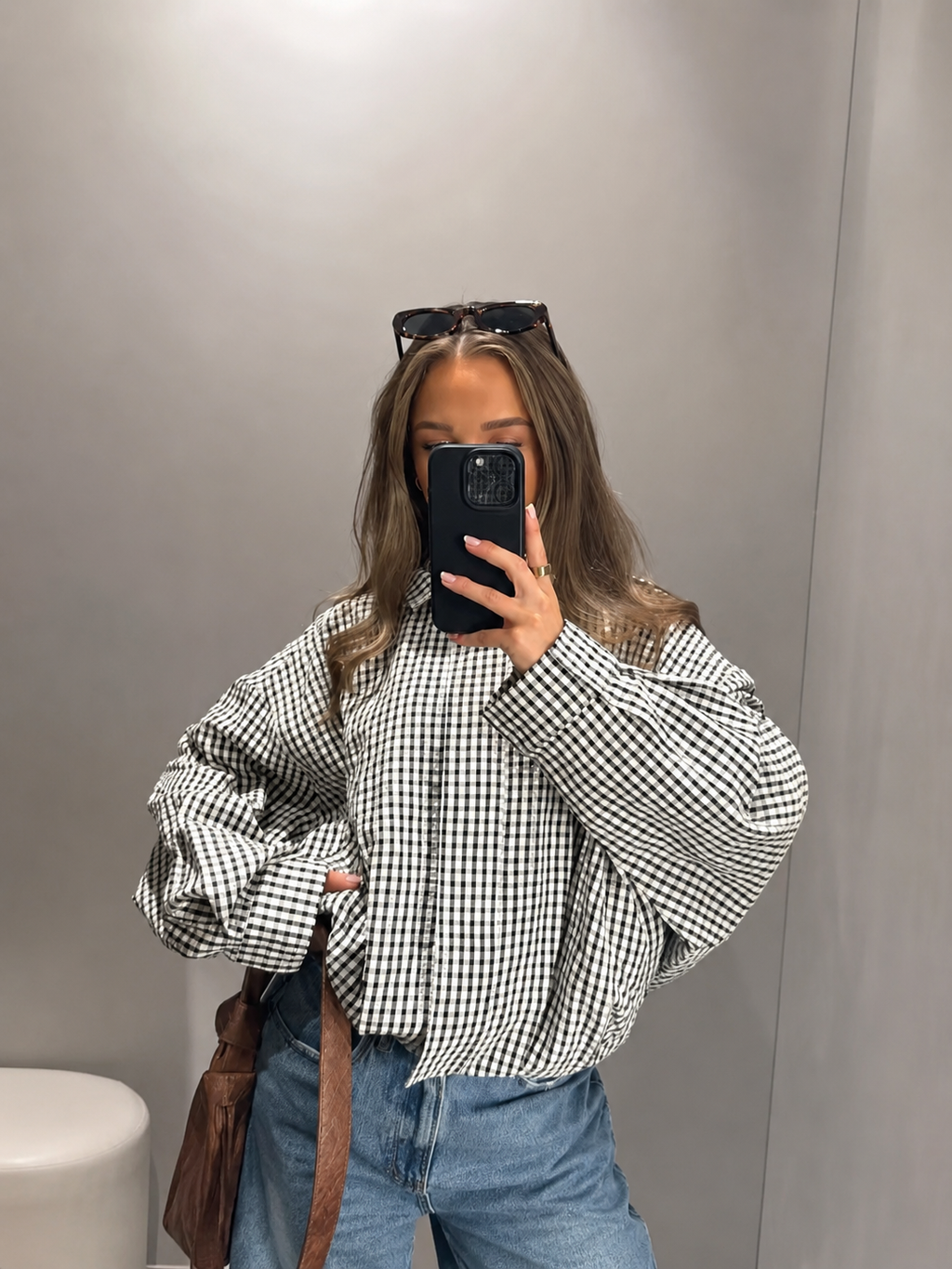 Oversized Gingham Check Bomber Jacket