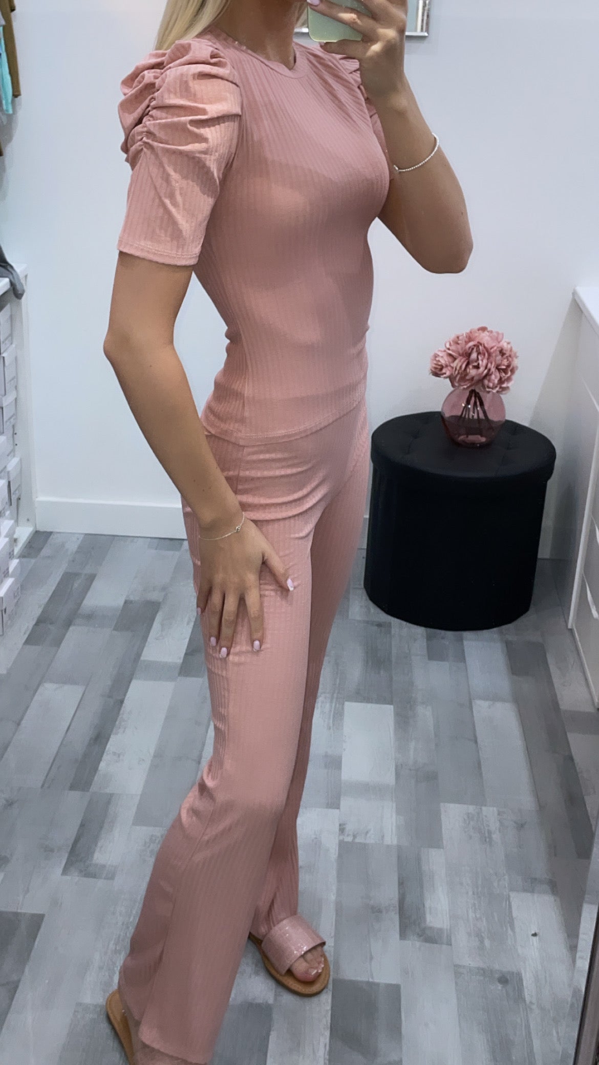 Pink Ruched Shoulder Co Ord