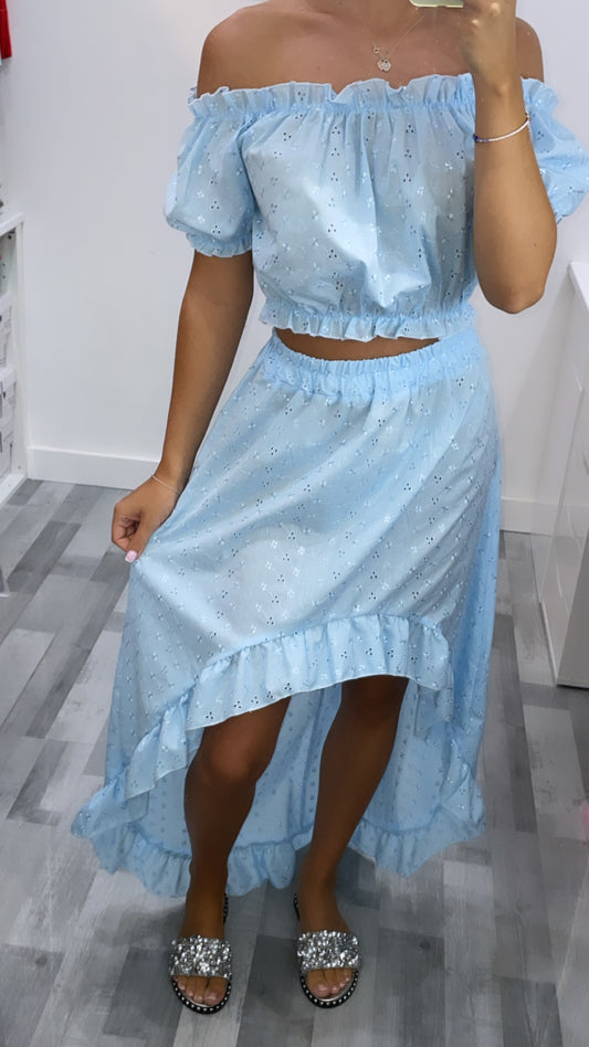 Blue Embroidered Maxi Skirt Co Ord