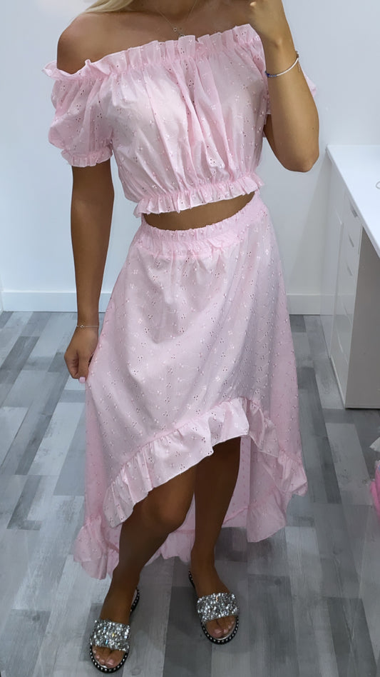 Pink Embroidered Maxi Skirt Co Ord