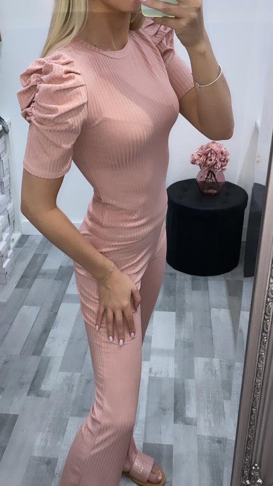 Pink Ruched Shoulder Co Ord