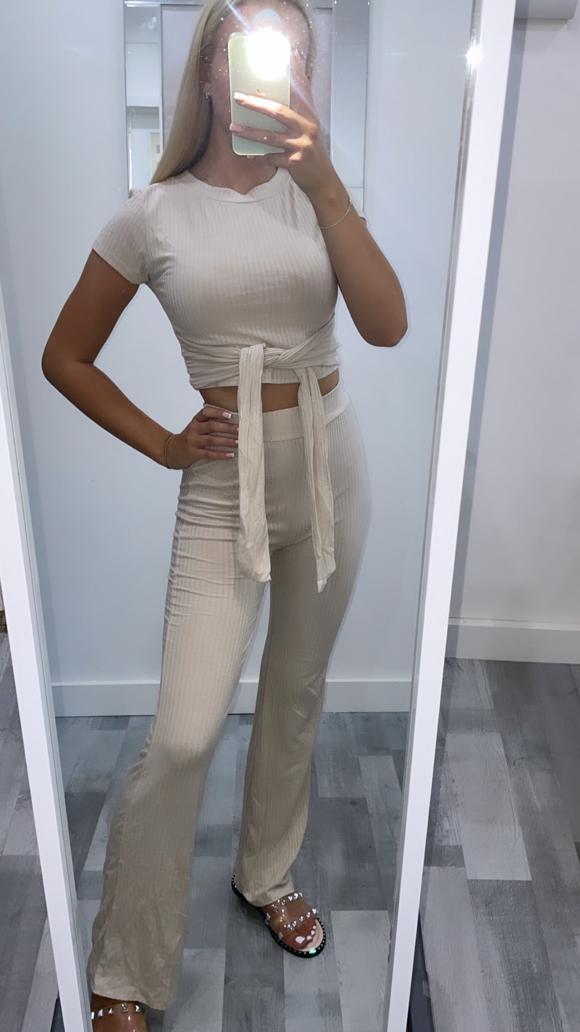 Beige Ribbed Tie Waist Set