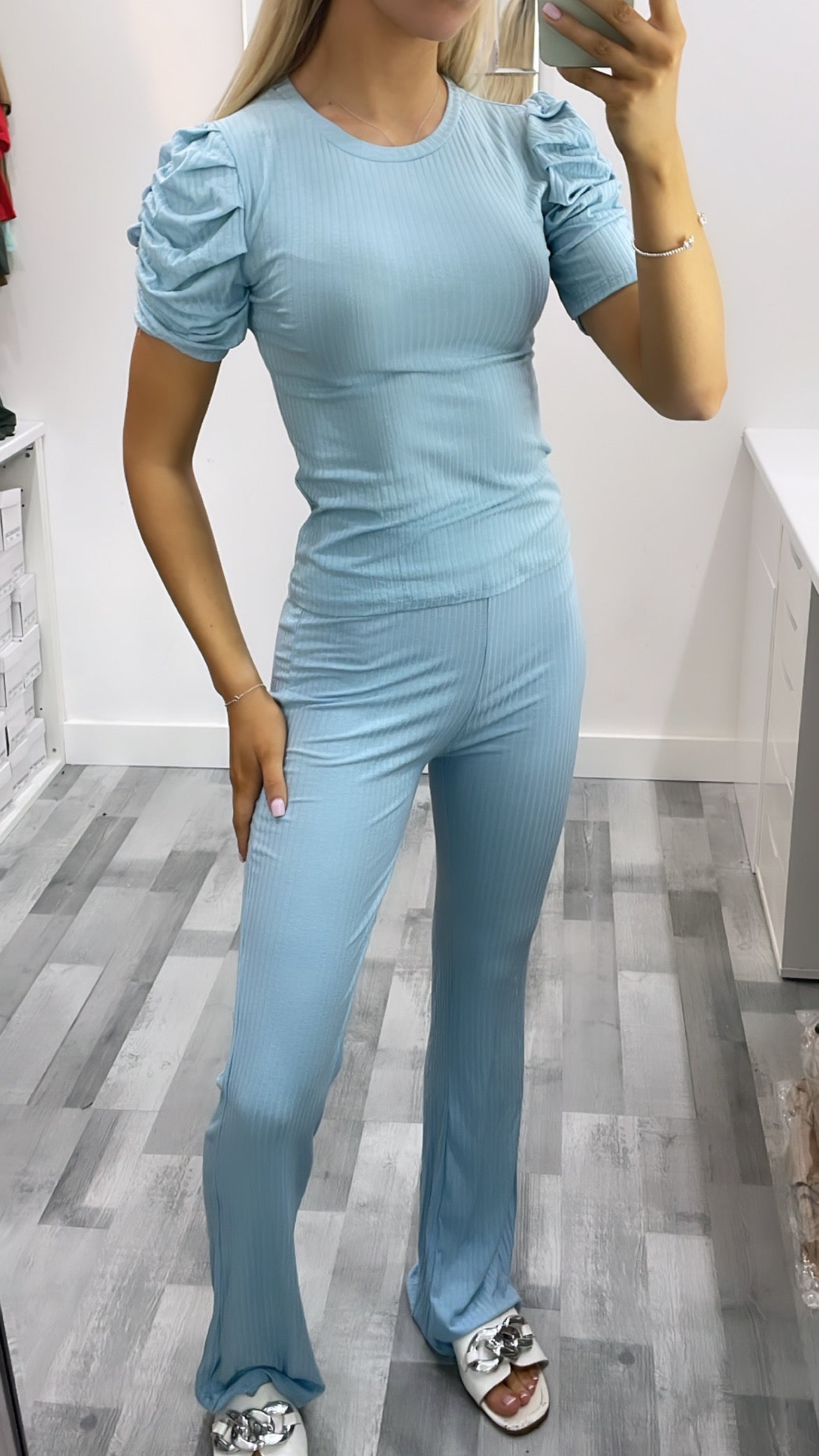 Baby Blue Ruched Shoulder Co Ord