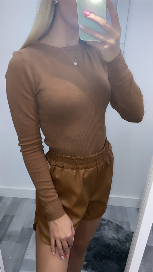 Brown Soft Ribbed Detail Top