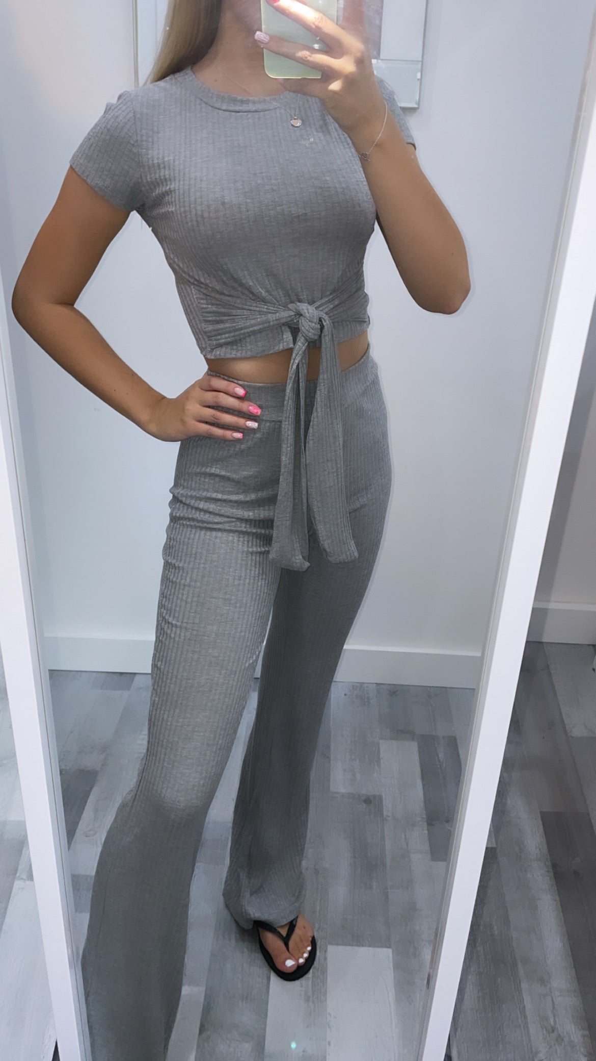 Grey Ribbed Tie Waist Set