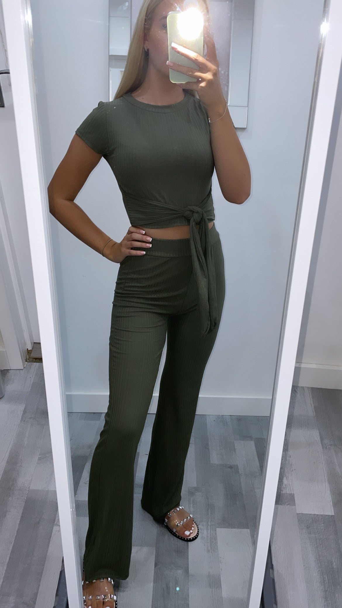 Khaki Ribbed Tie Waist Set