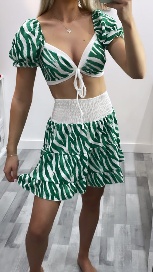 Green Patterned Rara Skirt Co Ord