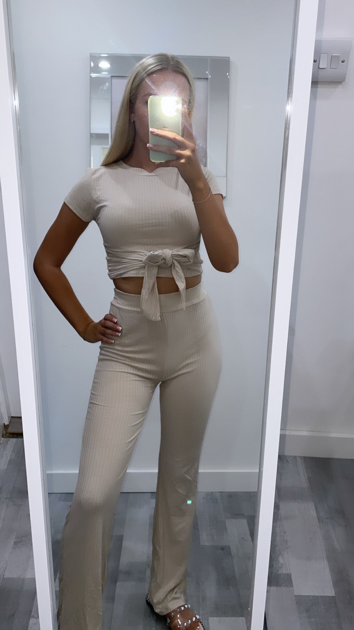 Beige Ribbed Tie Waist Set