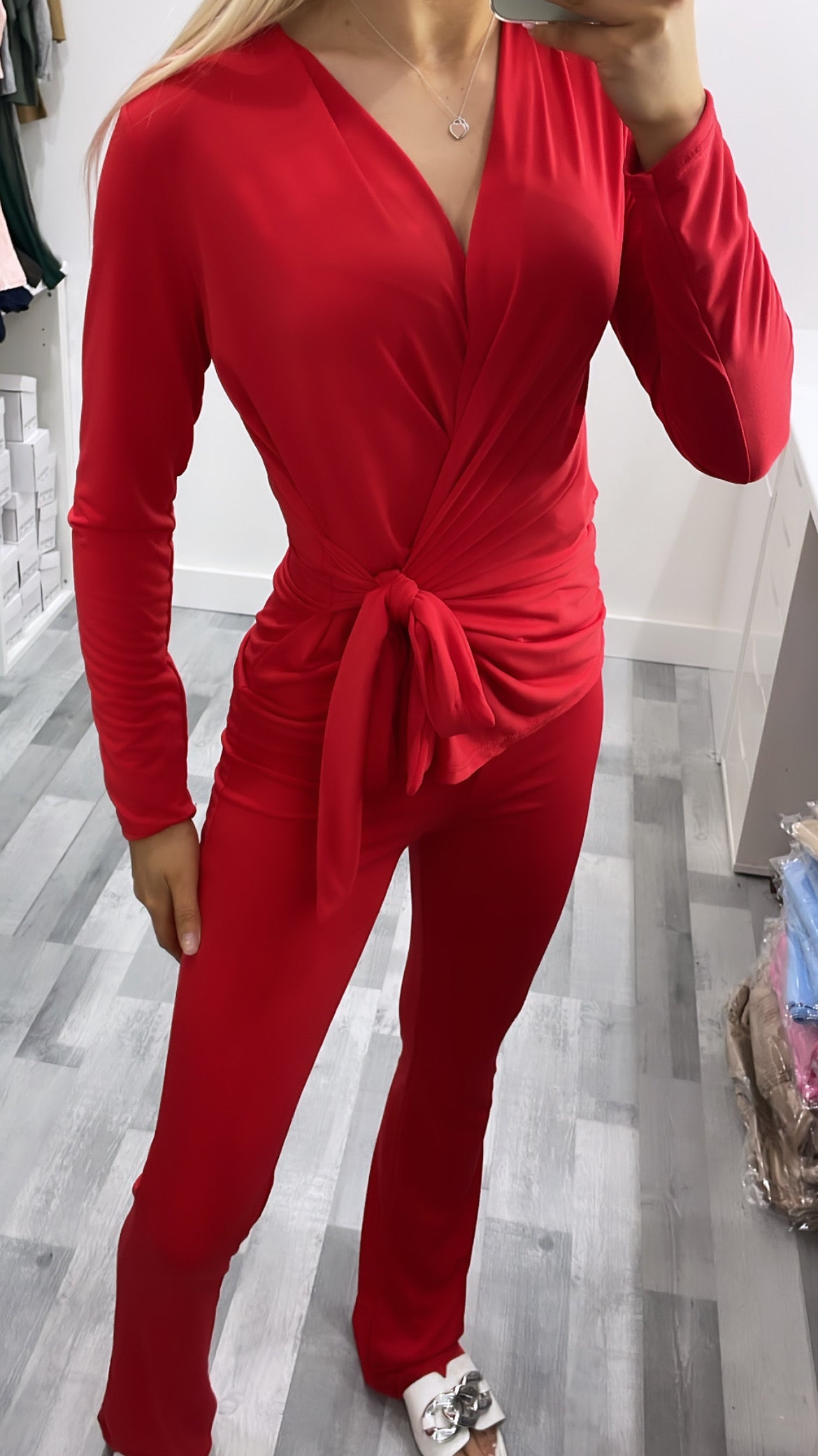 Red Silky Tie Up Co Ord