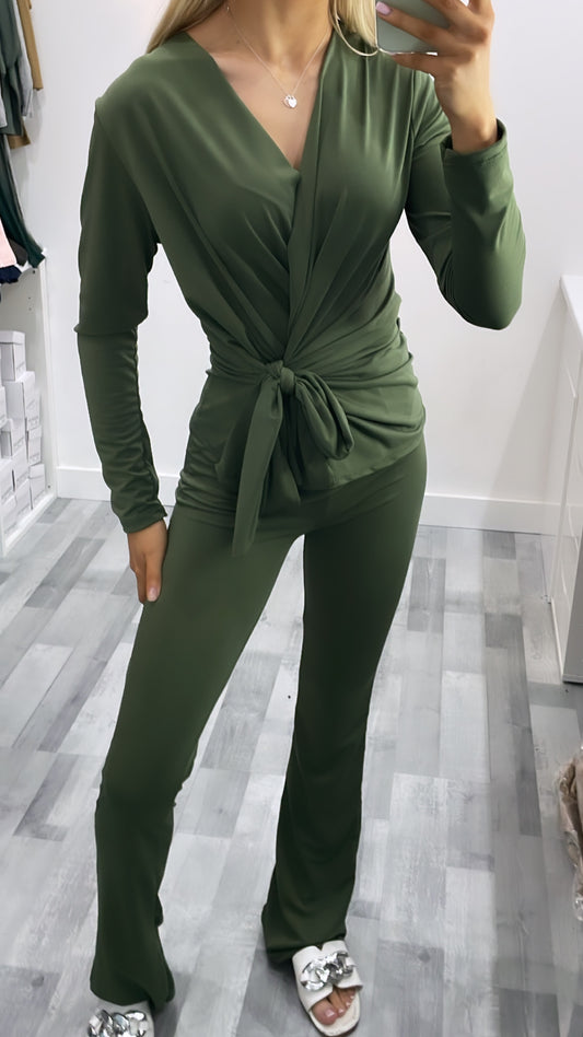 Khaki Silky Tie Up Co Ord