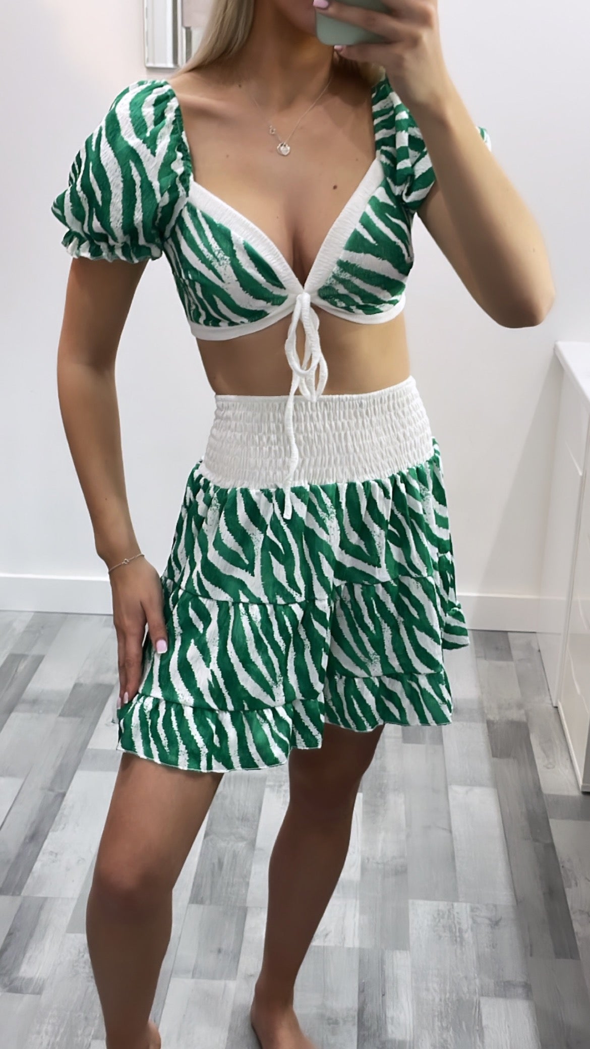Green Patterned Rara Skirt Co Ord