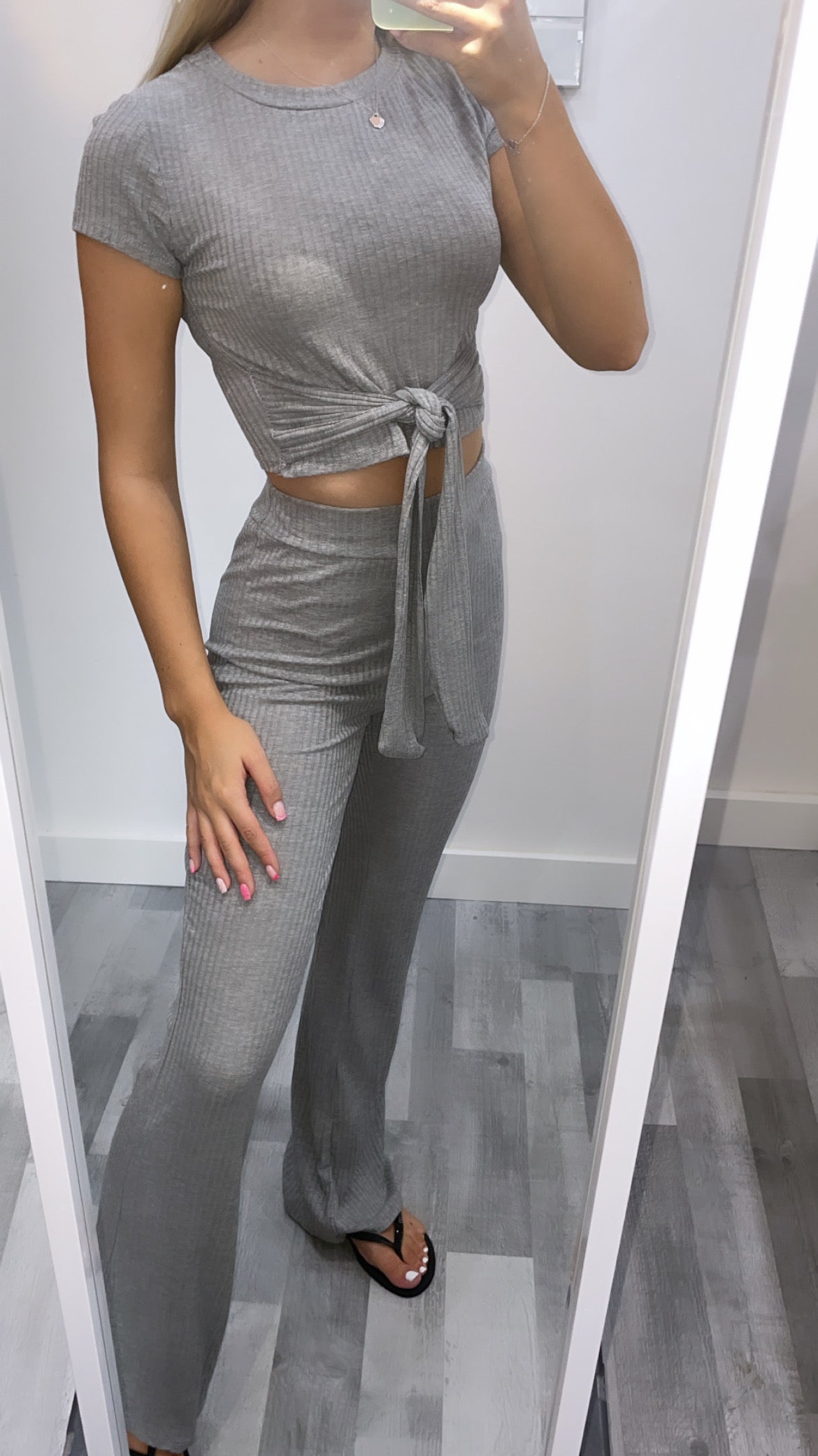 Grey Ribbed Tie Waist Set