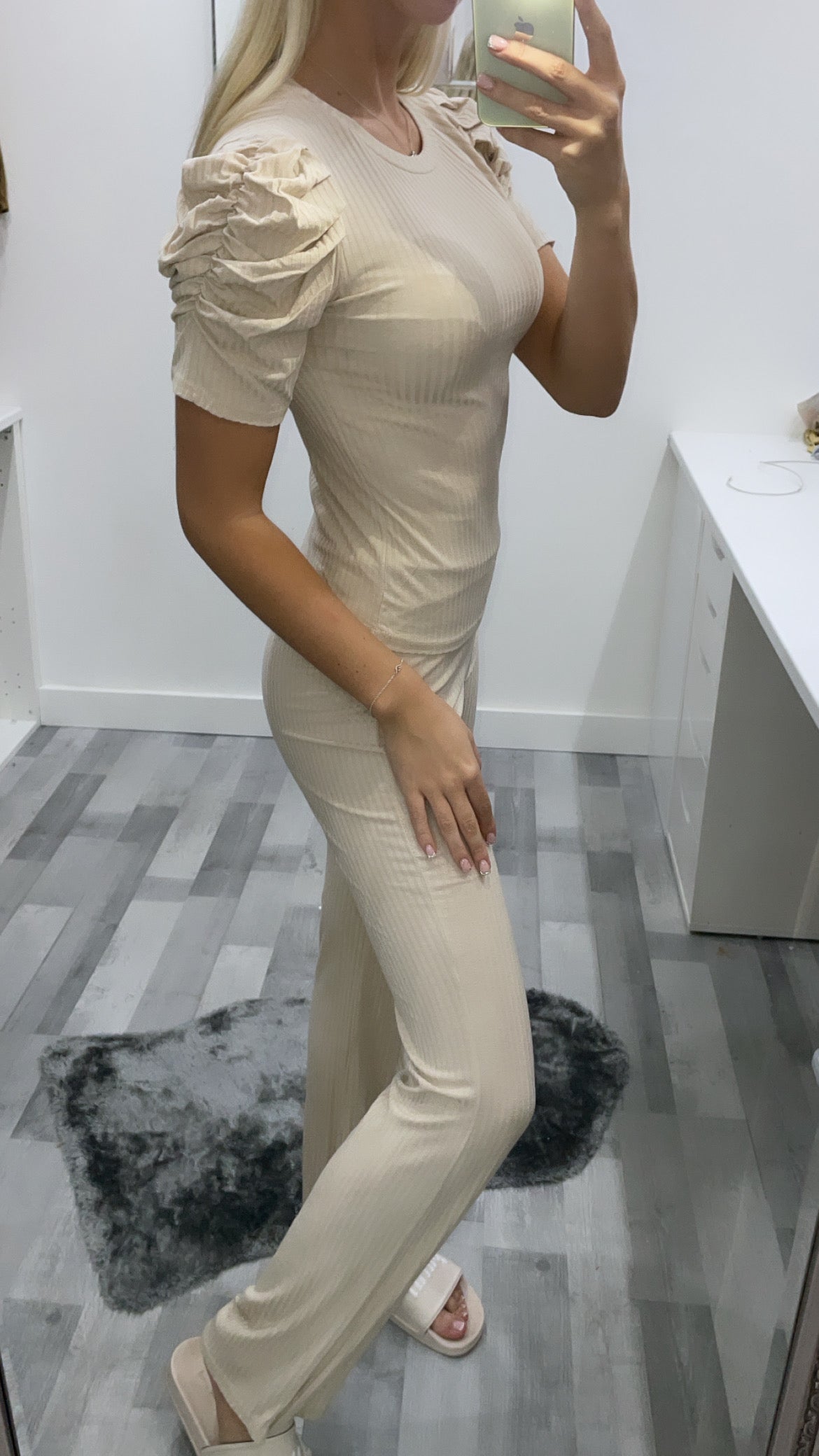 Beige Ruched Shoulder Co Ord