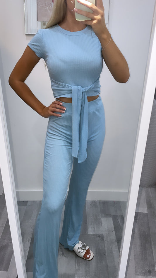 Baby Blue Ribbed Tie Waist Set