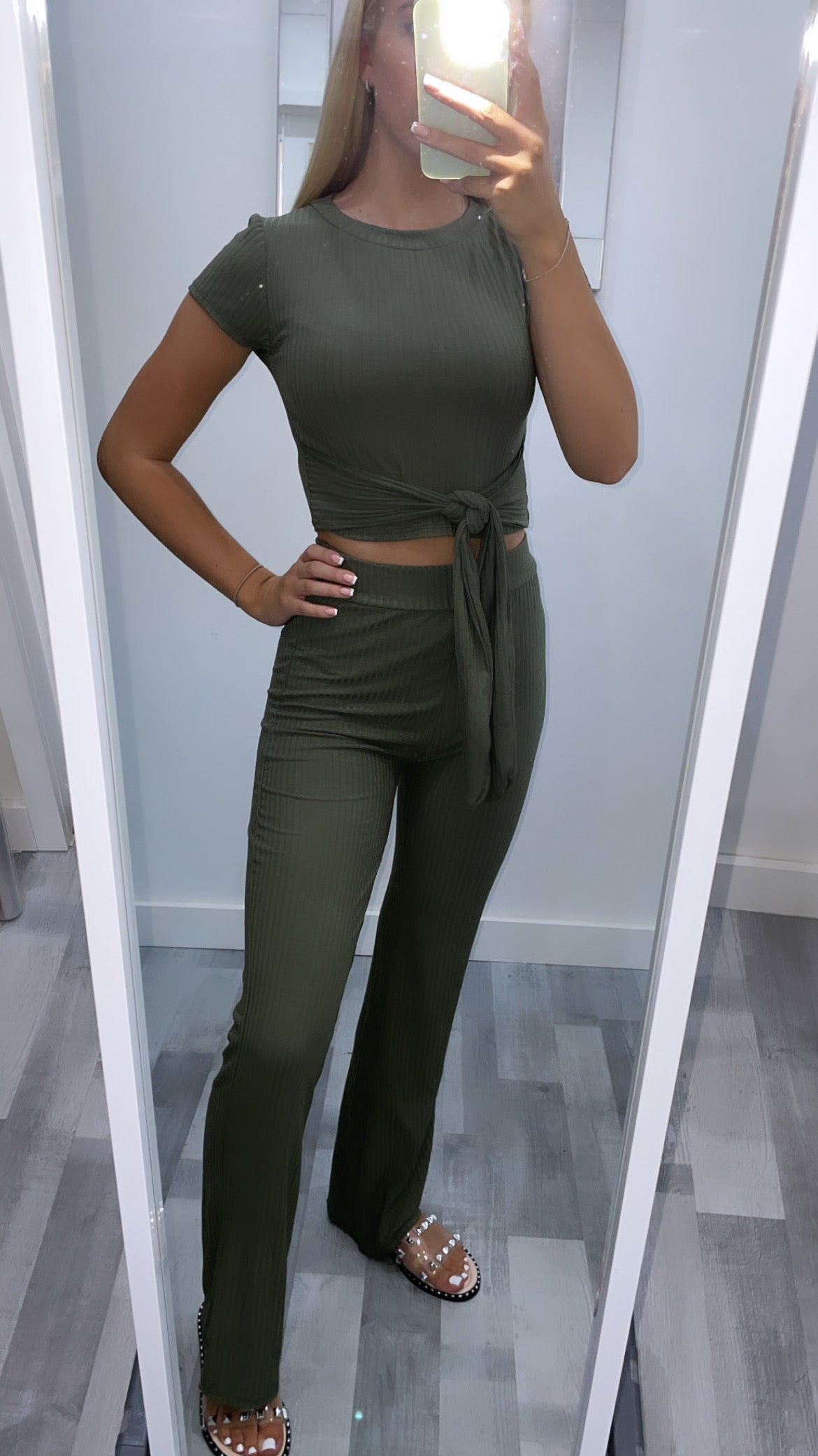 Khaki Ribbed Tie Waist Set