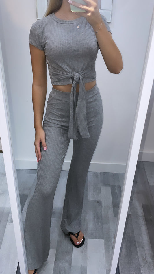 Grey Ribbed Tie Waist Set